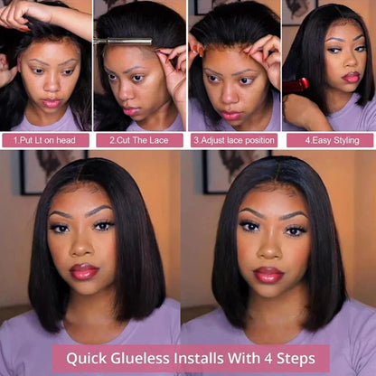 Glueless Kinky Straight Short Bob Virgin Human Hair Wig 13x4 Frontal HD Transparent Lace Peruvain Remy Soft Yaki Wear And Go Wig