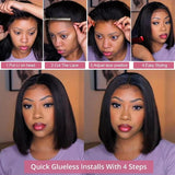 Glueless Kinky Straight Short Bob Virgin Human Hair Wig 13x4 Frontal HD Transparent Lace Peruvian Remy Soft Yaki Wear And Go Wig