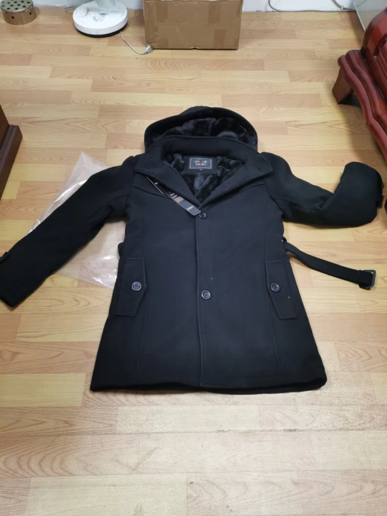 Men's Fleece Hooded Thick Wool Winter Coat 2023 Brand New Long Wool Trench Coat Men Casual Pocket Overcoat with Removable Hood