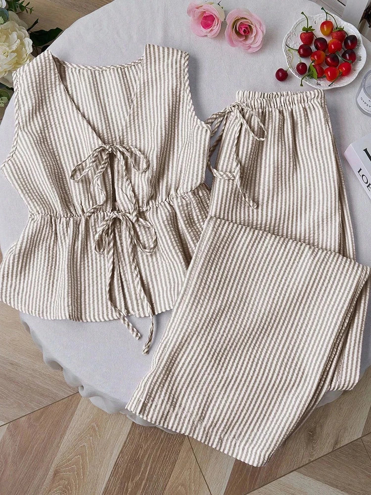 Women's Sets Two 2pcs Sale Summer V Neck Sleeveless Lace Up Vests&High Elastic Waist Striped Wide Leg Pant Suits OUYW-25014