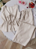 Women's Sets Two 2pcs Sale Summer V Neck Sleeveless Lace Up Vests&High Elastic Waist Striped Wide Leg Pant Suits OUYW-25014
