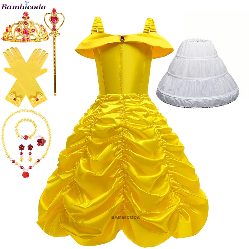 2025 Cosplay Belle Princess Dress Girls Dresses For Beauty and beast Party Clothing Magic stick crown Costume 3-12Y