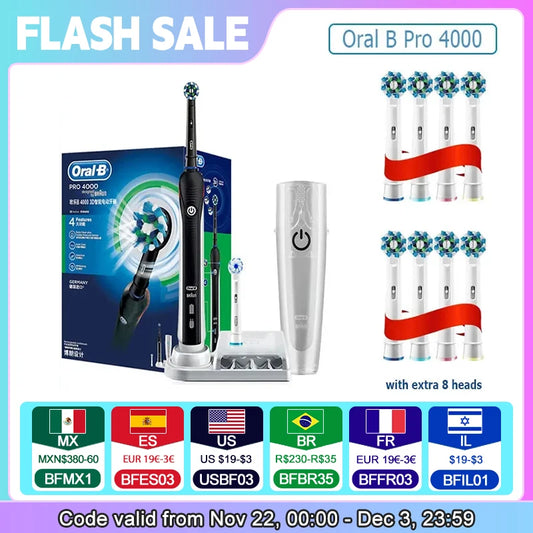 Oral B Electric Toothbrush Pro 4000 3D Action Daily Clean Teeth Visible Pressure Sensor 4 Modes Gum Care Waterproof Rechargeable