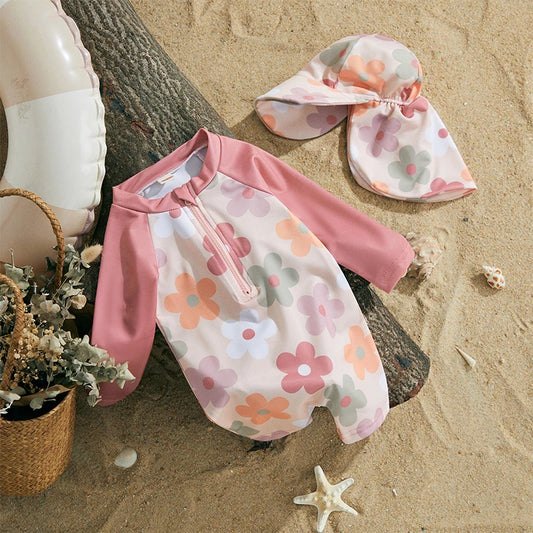Trajes de baño de verano para niñas y niños pequeños, de manga larga, con estampado floral/tropical, con cremallera y sombrero.