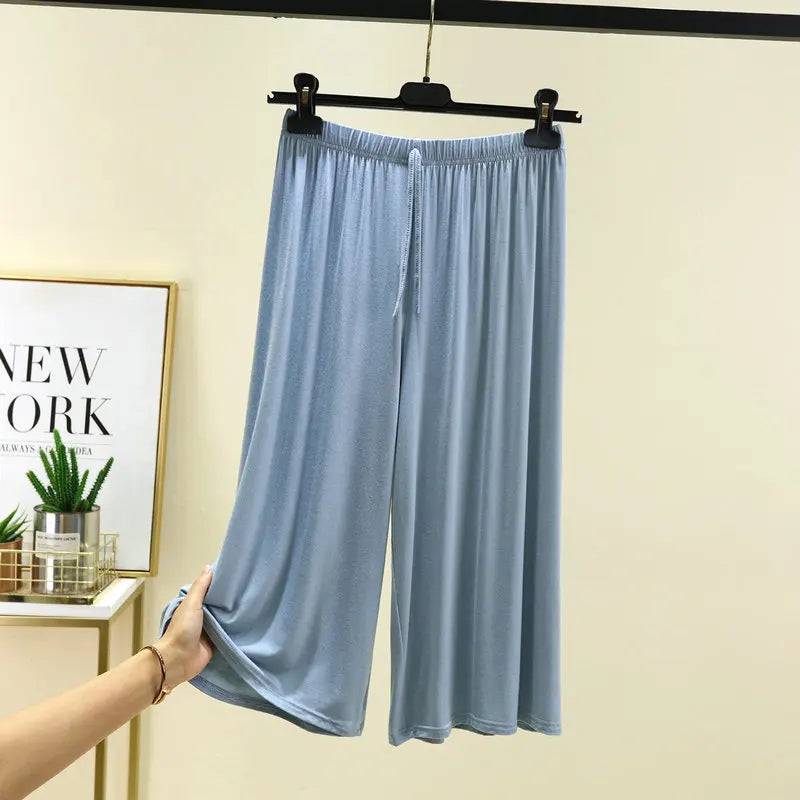 Plus size L to 6XL U-Neck Women's  Modal pant calf-length summer wide leg pants drawstring short pants casual homewear pants
