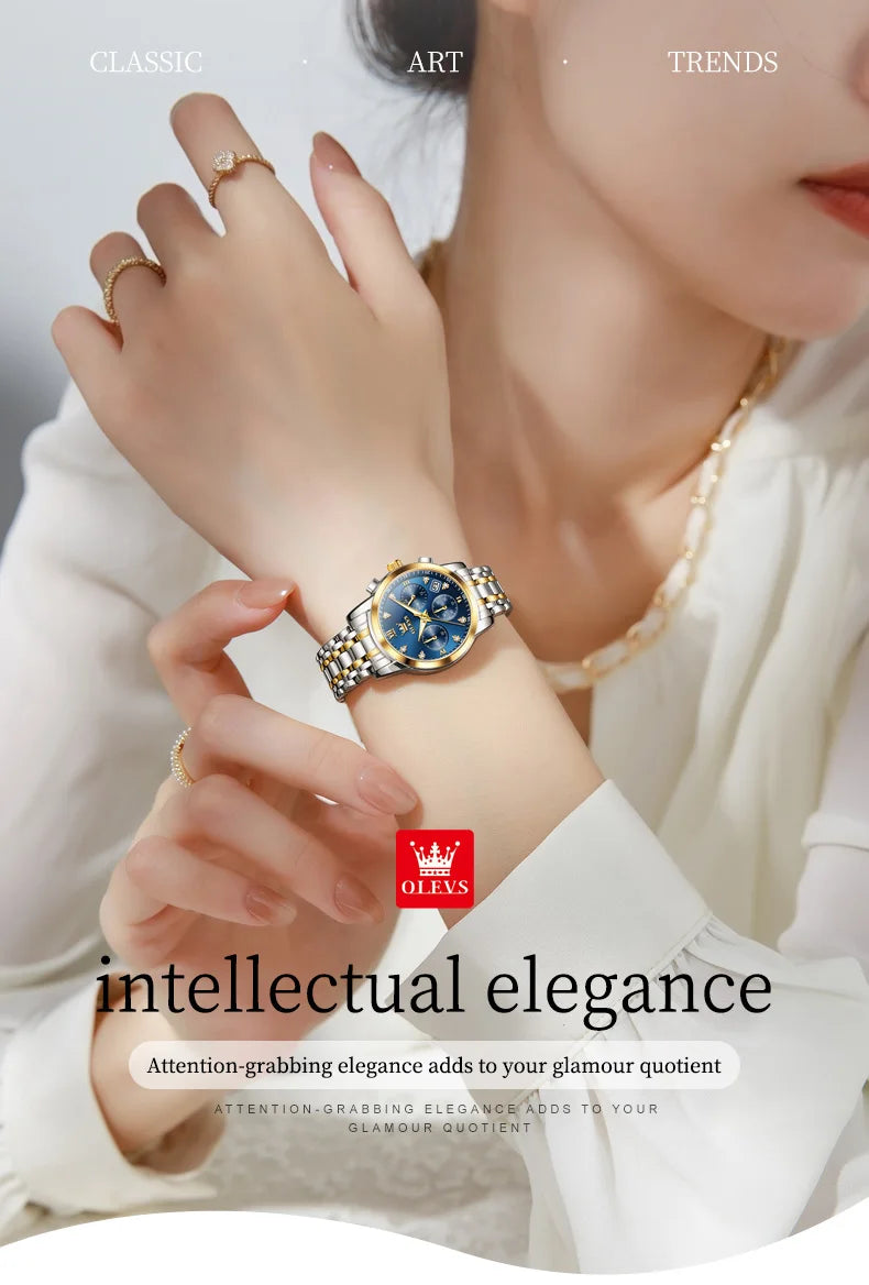 Relógio feminino Olevs de luxo quartzo a prova de agua calendário de pontos elegantes em estilo diamante