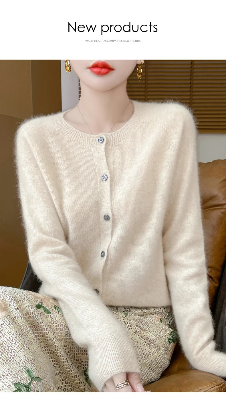 100% Merino Wool Long Sleeve Sweaters Cashmere Cardigan Spring Autumn Women O-Neck Knitwear Tops Clothing Fashion Basic Tops