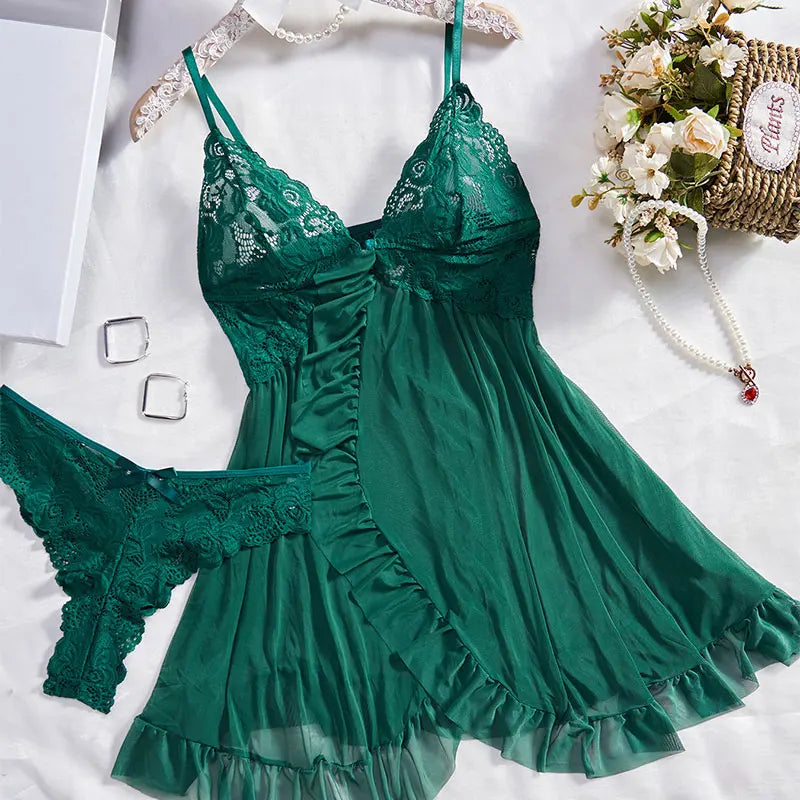 Exquisitas lencerías de tul con escote en V y encaje para mujer, conjunto de tanga semitransparente, camisones de lencería para mujer