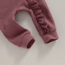 Pudcoco - Mono de otoño para bebé niña, color liso, cuello redondo, mangas voladoras, volantes, cremallera y diadema con lazo, 0-12 meses