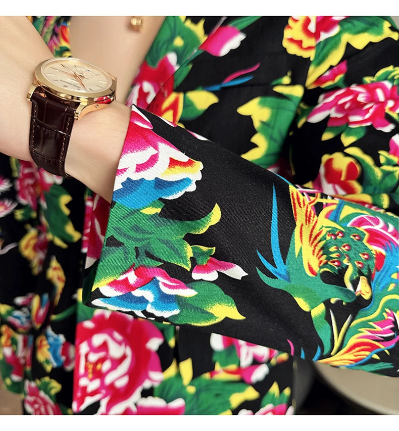 Men Suit 2 Piece Fashion Party Mens Vintage Print Big flower in northeast China Suits Jacket Pants Men Sets