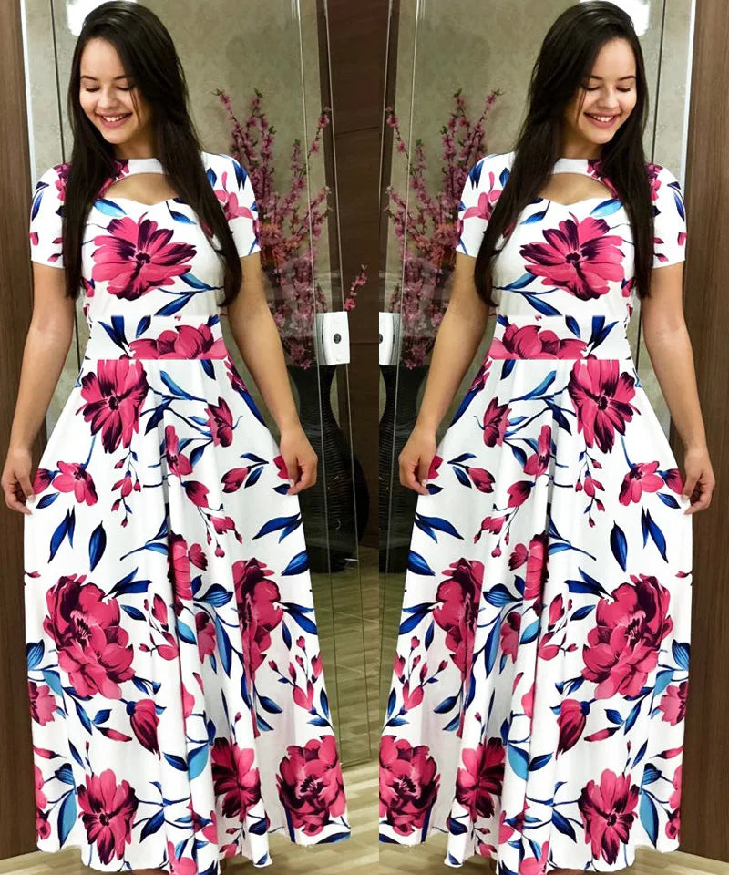 Elegant Spring Women's Casual Fashion Floral Print Short Sleeve Super Long Dress 2023 New Fashion Hollow Out Long Dresses