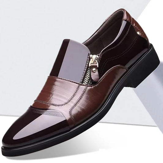 New autumn men's leather shoes: Sharp, pointed, outdoor, anti-slip flat, fashion business, zipper footwear, casual comfort male shoes
