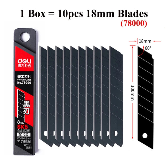 Deli 10pcs/box Knife Blade 9mm 18mm SK5 Metal Blades for Home School Supplies Art Craft Paper Box Cutting Utility Knife Tool