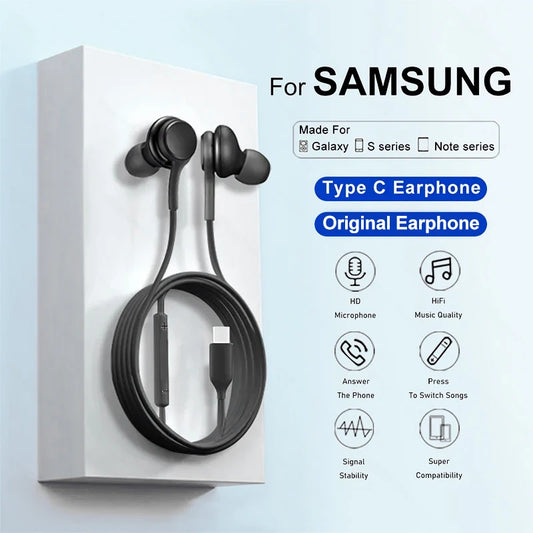 #Original Type C Wired Earphone For Samsung Galaxy S24 S23 S21 S22 Ultra Plus Earbuds Headphones A54 A34 A53 Headset Accessories