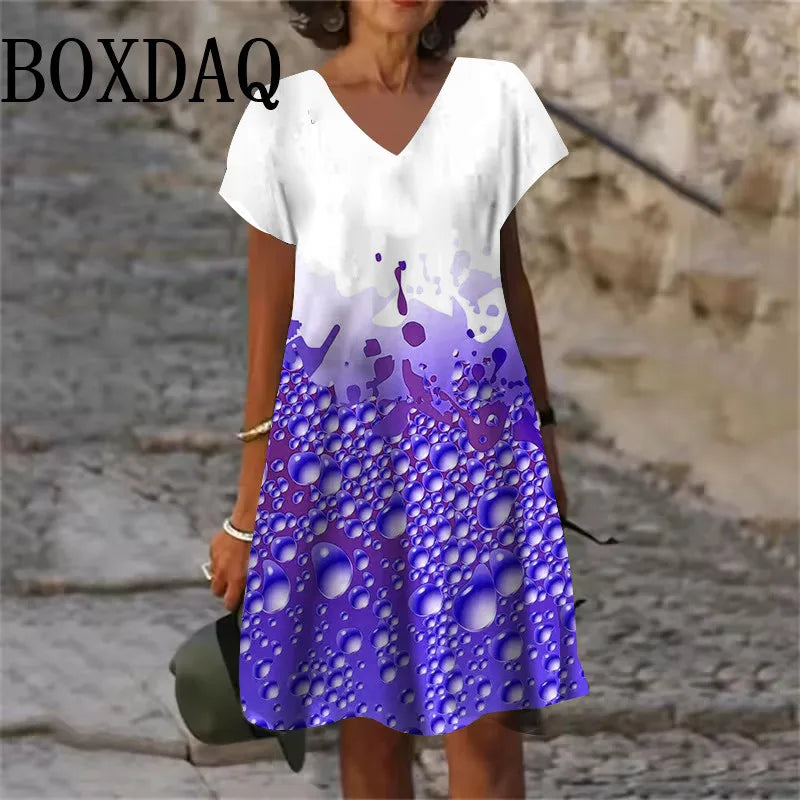 2025 Summer 3D Print Dress New Women V-Neck Short Sleeve Loose Dress Streetwear Casual Oversized Dress Woman Clothing Plus Size