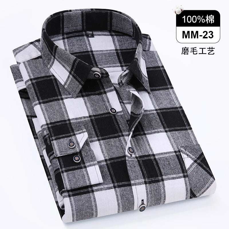 Men Fashion Long Sleeve Brushed Flannel Shirt Single Pocket Comfortable 100% Cotton Casual Slim Fit Button-down Plaid Shirts 8XL