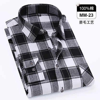 Men Fashion Long Sleeve Brushed Flannel Shirt Single Pocket Comfortable 100% Cotton Casual Slim Fit Button-down Plaid Shirts 8XL