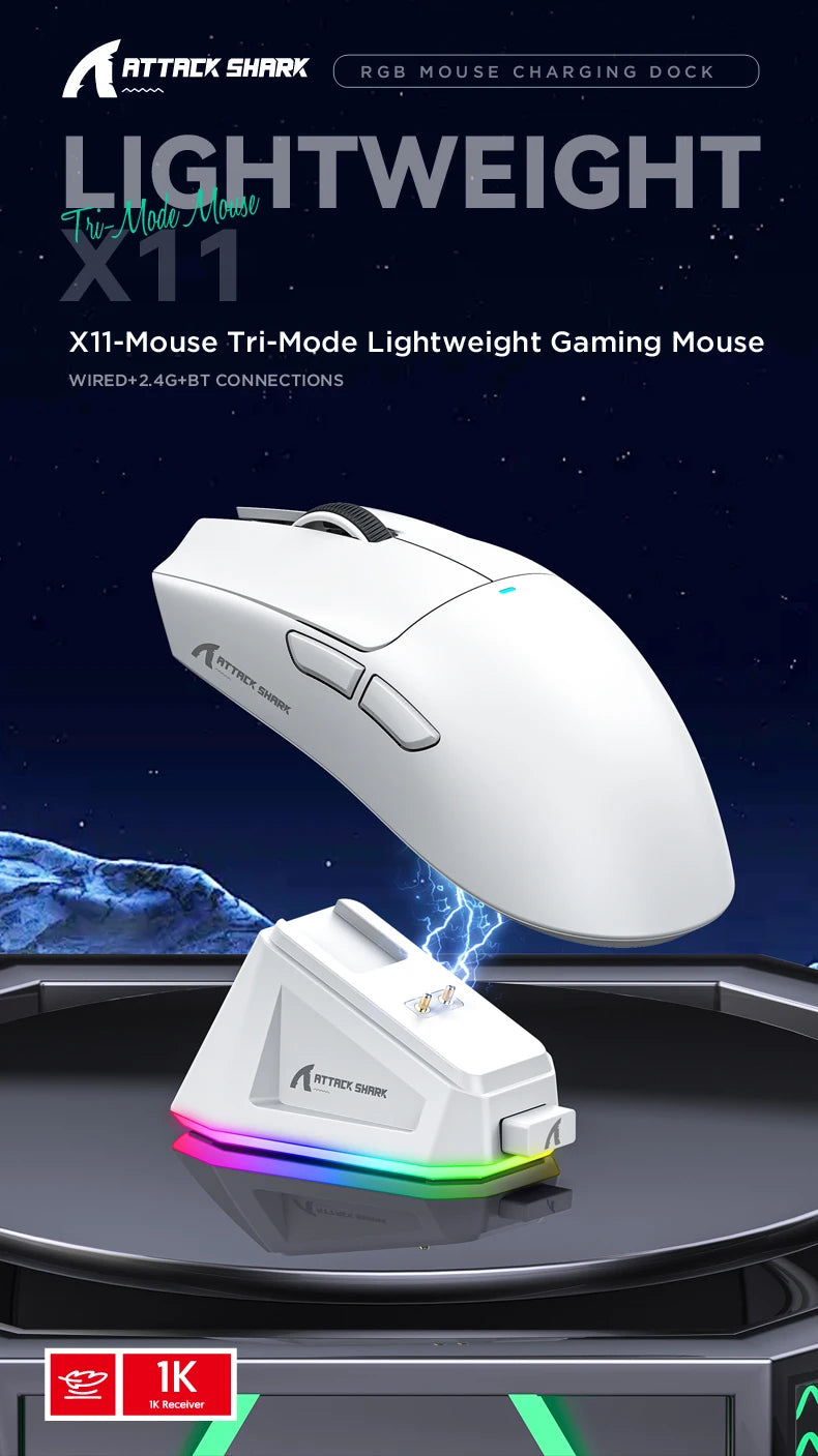 Attack Shark X11 Wireless Mouse Paw3311 22000DPI Buletooth Three Mode Rgb Charging Dock Lightweight Game E-Sports Mouse Laptop