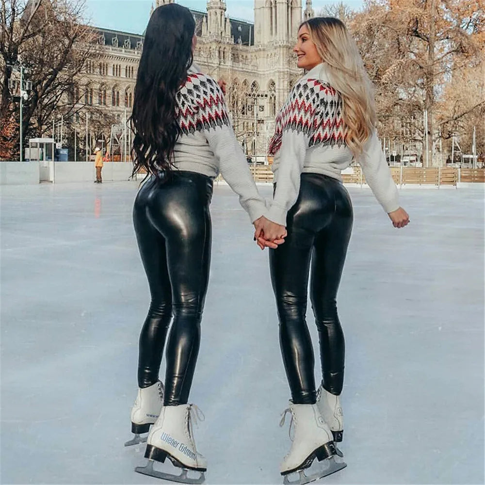 PU Leather High-waisted Leggings for Women, Plus Size