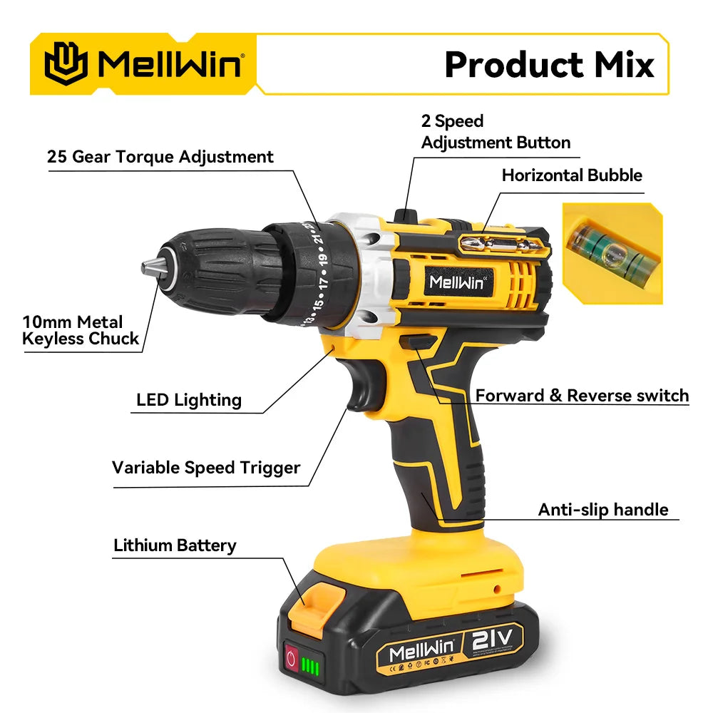 MELLWIN 25+3 Torque Electric Impact Drill 2 Gear Speed Adjustable Cordless Electric Screwdriver Power Tool For 21V-18V Battery