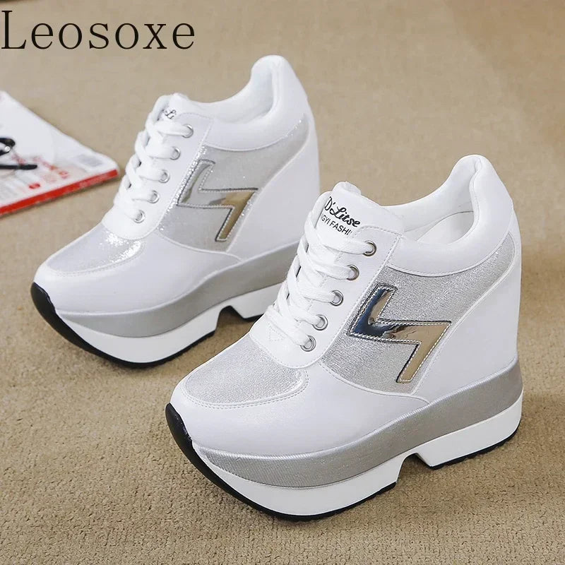 Fashion White Sneakers Women's High Platform Casual Shoes Height Increasi Leathe Shoes 10 CM Thick Sole Trainers Tennis Sports