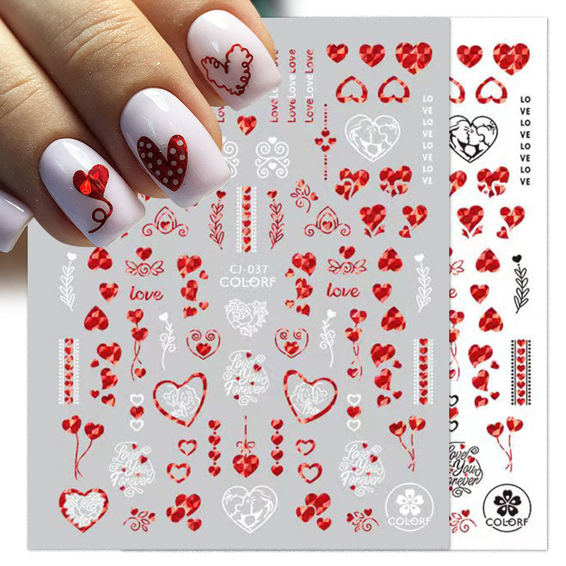 1Sheet 3D Red Heart Laser Nail Sticker Black Letter Star Line Self-Adhesive Slider Valentine's Day Series Nail Decals Decoration