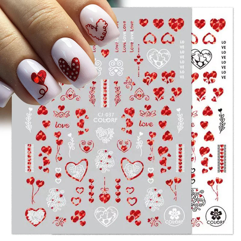 1Sheet 3D Red Heart Laser Nail Sticker Black Letter Star Line Self-Adhesive Slider Valentine's Day Series Nail Decals Decoration