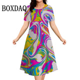Women's Casual Fashion Plus Size Short Sleeve Print Dress Summer 2026 Abstract Elegant Dresses Female Daily Basic Dress Vestidos