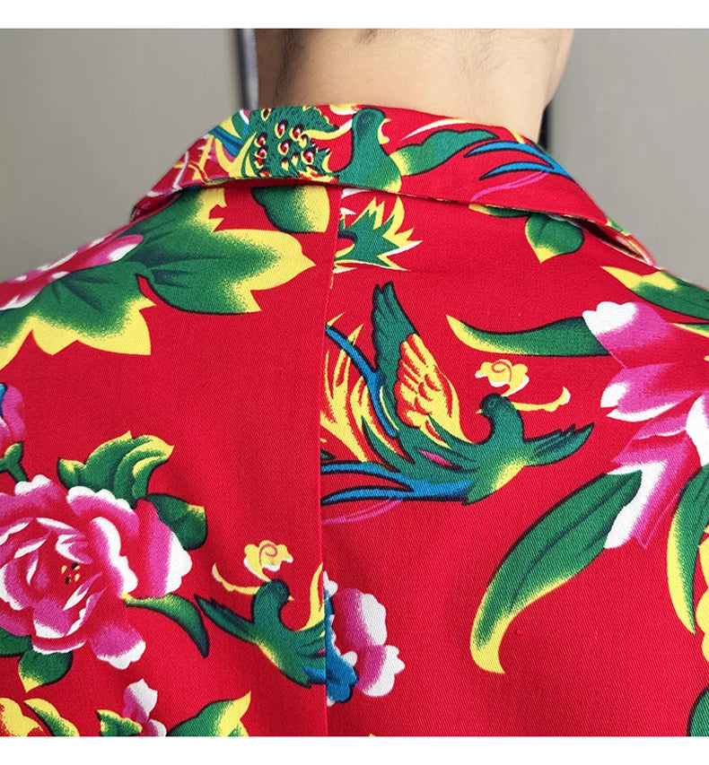 Men Suit 2 Piece Fashion Party Mens Vintage Print Big flower in northeast China Suits Jacket Pants Men Sets