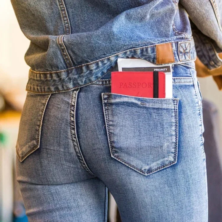 Tarjetero de cuero con bloqueo RFID, funda para pasaporte, billetera, accesorios de viaje para mujeres y hombres.
