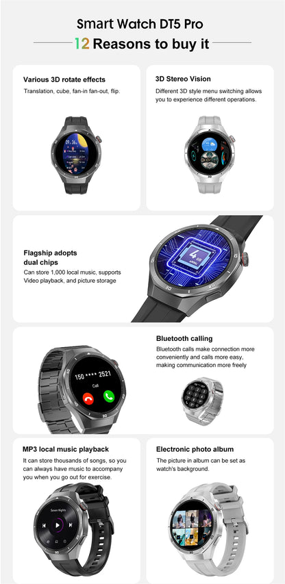 GT5 Pro Smart Watch Men's Women 466*466 HD Screen Bluetooth Call Smartwatch GPS Map Compass Sports Fitness Smartwatch 2025 New