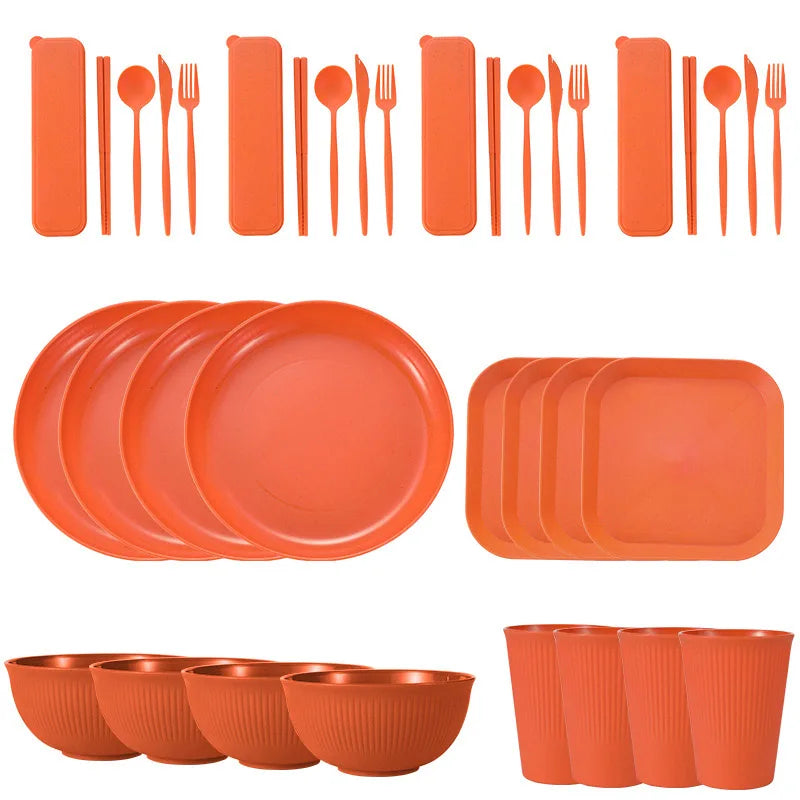 36pcs Plate Sets Wheat Straw Eco-Friendly Ramen Bowl Tableware Dinner Dishes Set Camping Tableware Set With Knife Fork Spoon
