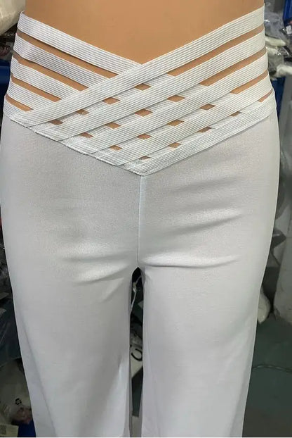 Fashion Office Ladies Trousers Elegant Crisscross Sheer Mesh Patch Casual High Waist Flared Pants for Women Clothes 2023 Summer
