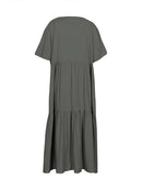Plus Size 2025 Summer New V-neck Short Sleeve Pleated Solid Colour Loose Casual Midi Dress Basic Hem Pleated