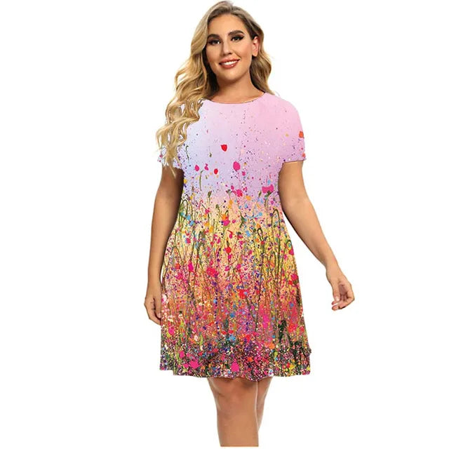 Women's Plant Flower Print Dress Short Sleeve Loose A-line Dress O-neck Casual Dress Plus Size Summer 