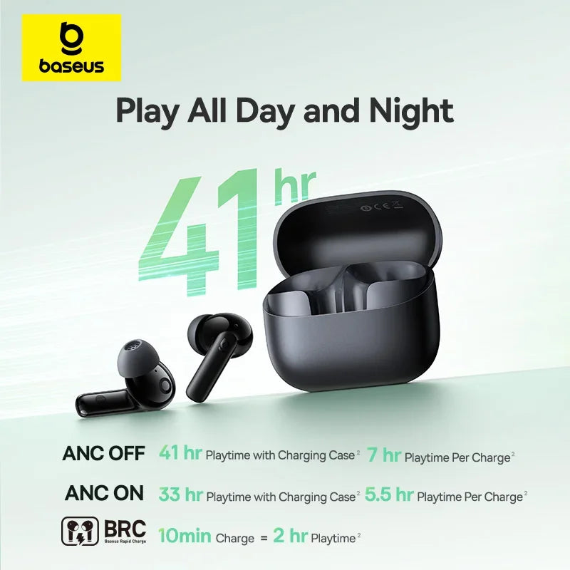 Fones de Ouvido True Wireless Baseus Bass EP10 NC – Cancelamento de Ruído ANC de -43dB, Bluetooth 6.0, Intra-auriculares, 4 Microfones com ENC