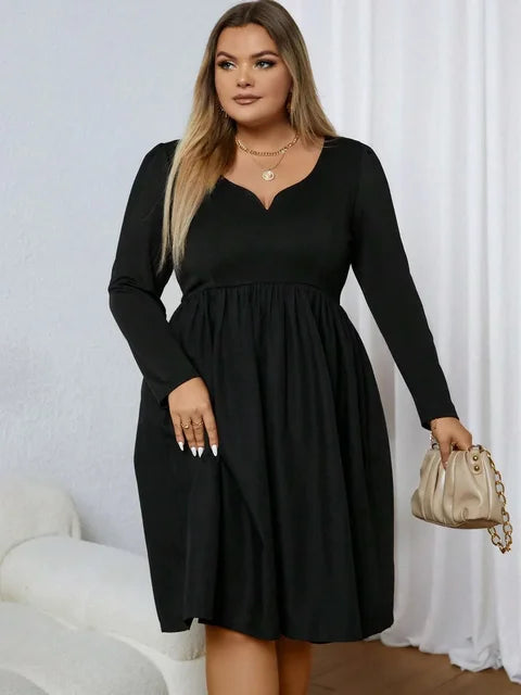 Women Casual Dress V Neck Long Sleeve Notched Neckline Fashion No Printing Solid Color Plus Size 1XL 5XL 