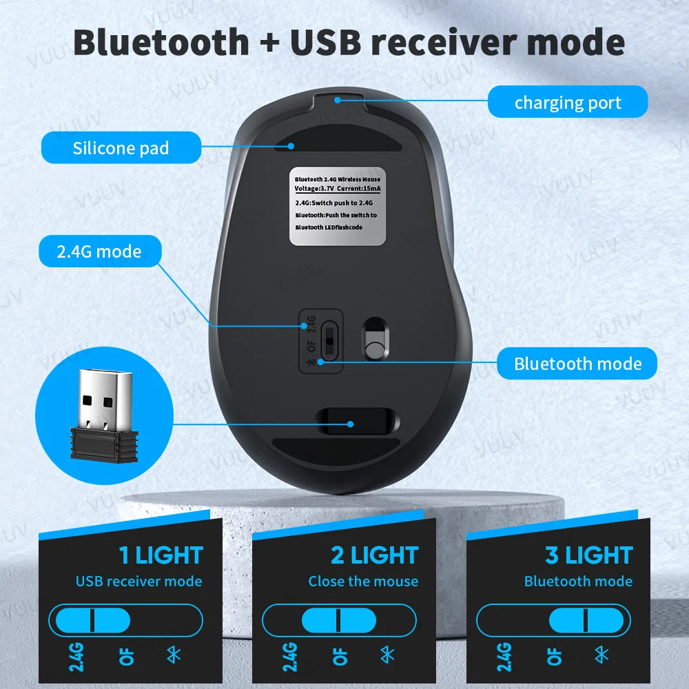 Ergonomic Wireless Bluetooth Mouse 1600DPI for MacBook Tablet Computer Laptop Rechargeable Mouse 2.4GHz USB PC Setup Accessories