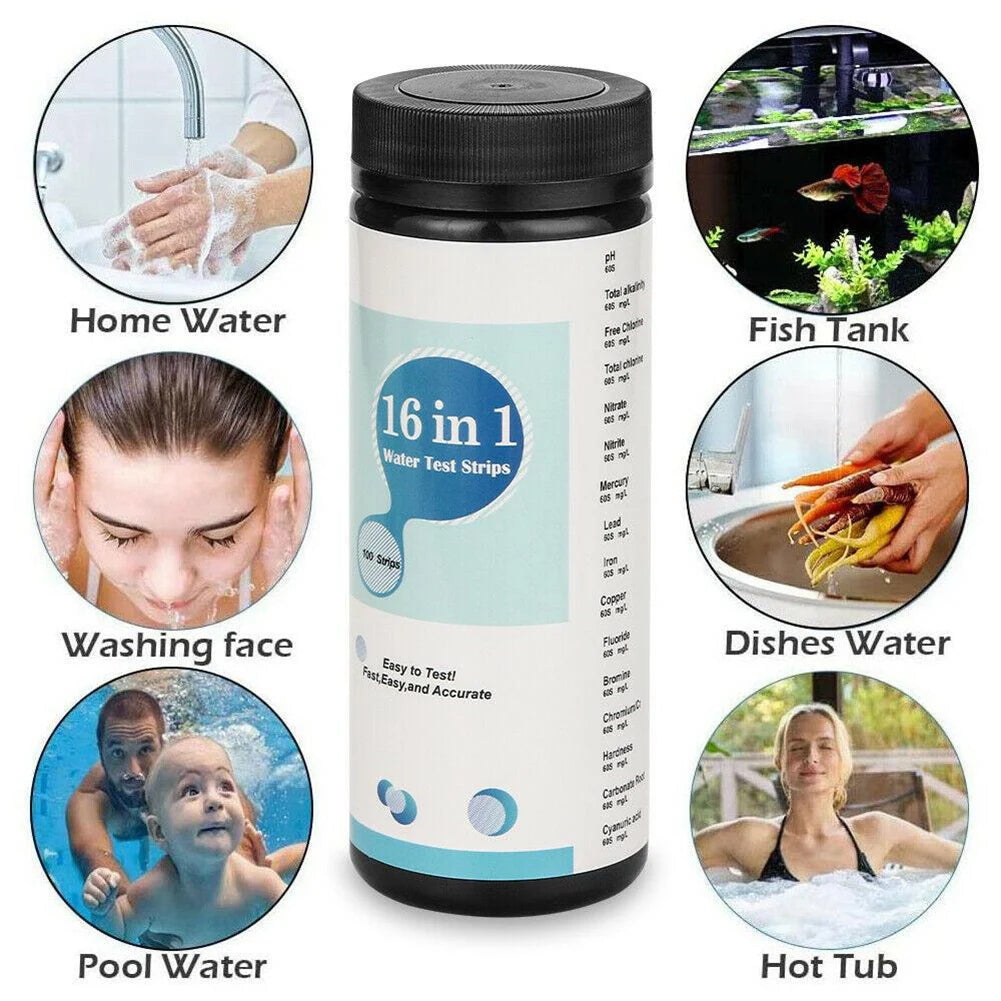 Kit de prueba de agua potable 16 en 1: tiras reactivas para la calidad del agua en el hogar, piscinas, spas, nitratos, nitrito, pH y dureza.