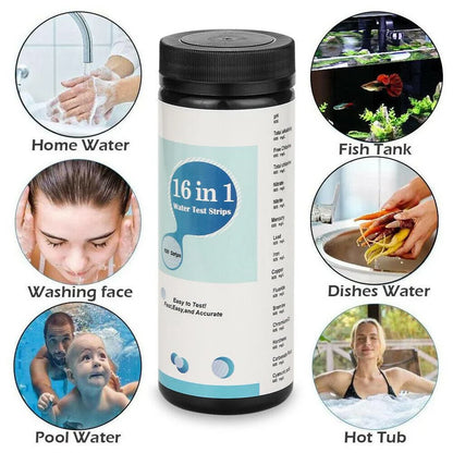 Kit de prueba de agua potable 16 en 1: tiras reactivas para la calidad del agua en el hogar, piscinas, spas, nitratos, nitrito, pH y dureza.