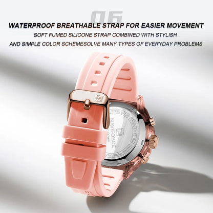 Relojes NAVIFORCE para mujer, nuevo diseño, esfera pequeña, deportivos, para mujer, resistente al agua hasta 5 ATM, reloj de pulsera de cuarzo con pantalla LCD digital, reloj para mujer