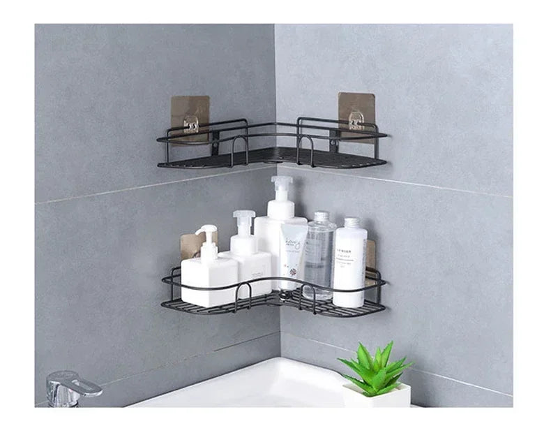Estante organizador de baño de esquina, estantes de almacenamiento de esquina montados en la pared, soporte para champú, estante para cosméticos, cesta de drenaje de ducha de hierro