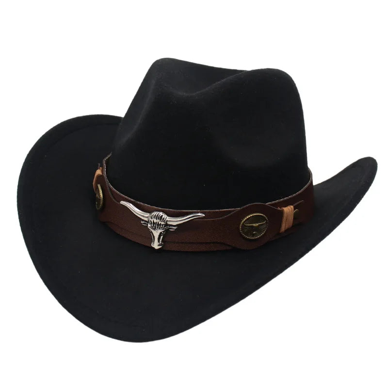 Classic Cattleman Cowboy Hat Retro Bull Head Studded Leather Band Felt Hat Unisex Western Party Cosplay Hat Wide Brim Fedora