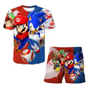 Summer anime Super Mario fashion cute boy 3D top T-shirt+shorts two-piece set Mario girl and boy top short sleeved shorts
