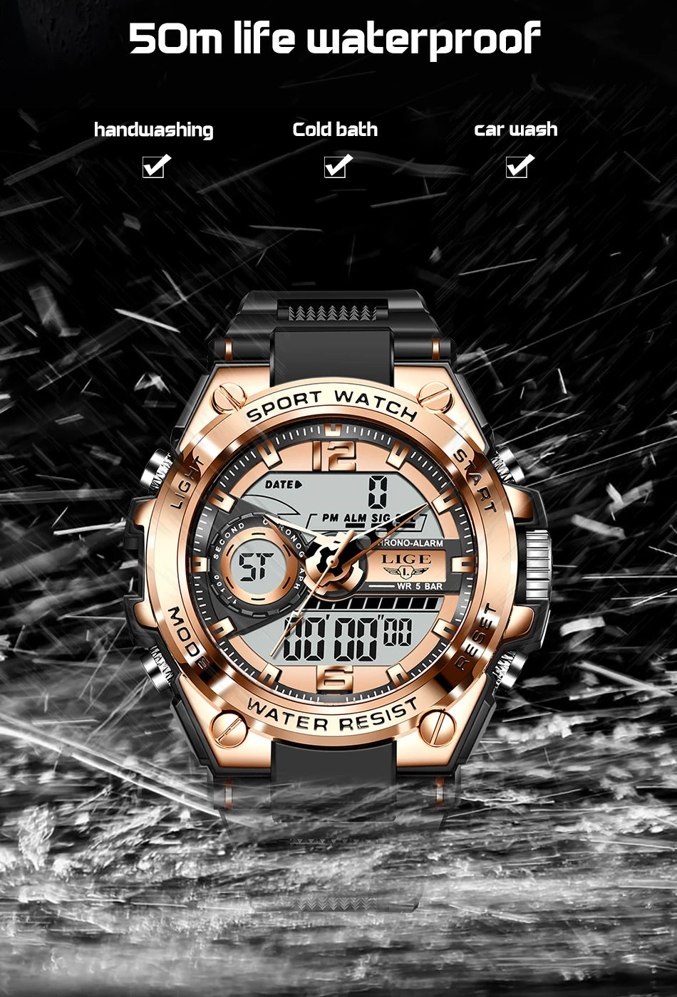 Reloj militar LIGE para hombre, digital, resistente al agua hasta 50 m, LED, de cuarzo, deportivo, grande, Masculino