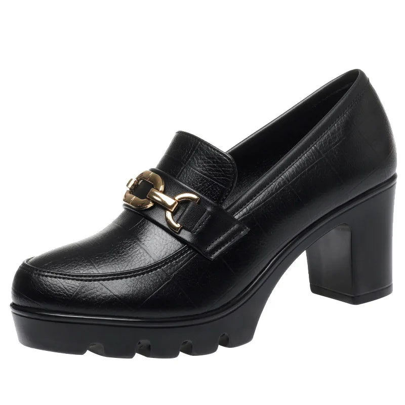 Zapato de piel suave negro para mujer, tacón de bloque 2024, plataforma gruesa, modelo oficina, trabajo, tacones altos de 6,5 cm y 8 cm, Grace