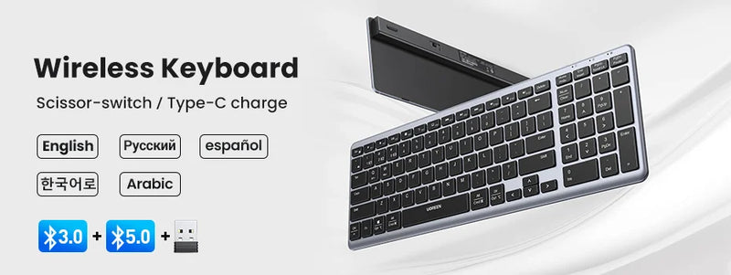 UGREEN Keyboard Wireless Bluetooth 5.0 2.4G Russian/Korean/EN 99 Keycaps For MacBook iPad PC Tablet USB C Rechargeable Keyboard