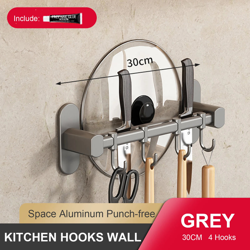 Wall Mounted Kitchen Hook Rack No-Punching Wall Hangers Rail Kitchen Utensils Rack Spoon Shovel Chopping Board Storage Rack