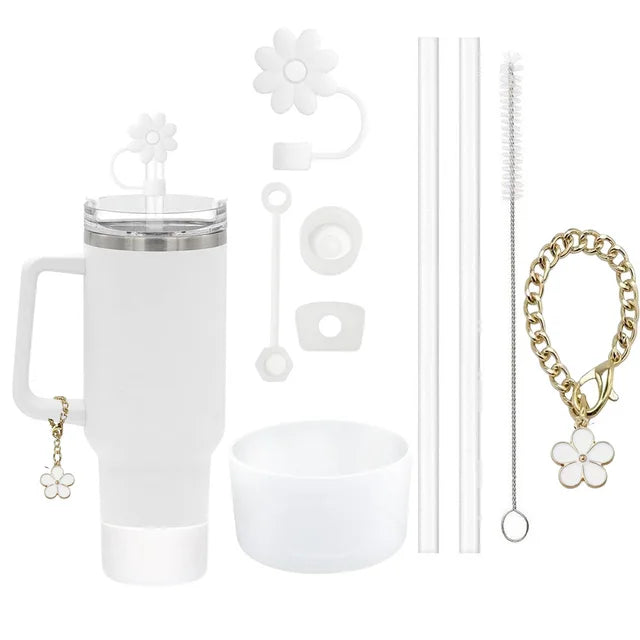 Juego de accesorios para pajitas Stanley Cup: 2 pajitas, cepillo, cadena floral, antiderrames, tapón, flores y cubrebotas (9 unidades) 