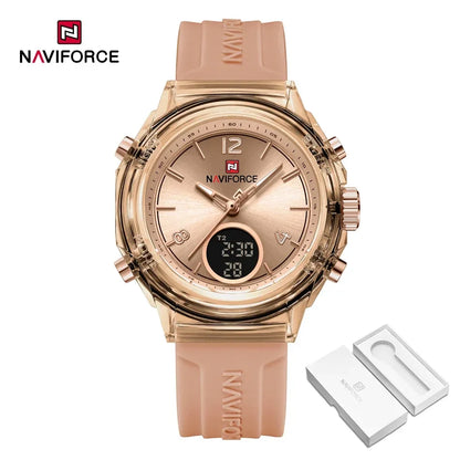 Relojes NAVIFORCE para mujer, nuevo diseño, esfera pequeña, deportivos, para mujer, resistente al agua hasta 5 ATM, reloj de pulsera de cuarzo con pantalla LCD digital, reloj para mujer